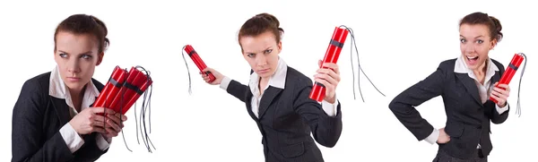 Woman businesswoman with dynamite stick isolated on white — Stock Photo, Image