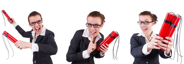 Woman businesswoman with dynamite stick isolated on white — Stock Photo, Image