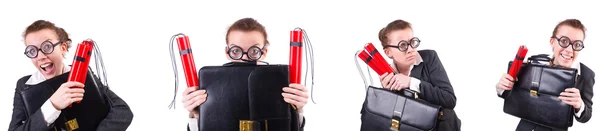 Woman businesswoman with dynamite stick isolated on white — Stock Photo, Image