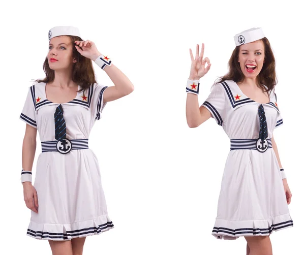 Vrouw dragen van sailor suit geïsoleerd op wit — Stockfoto