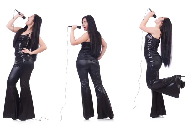 Woman singing in karaoke club in various poses on white — Stock Photo, Image