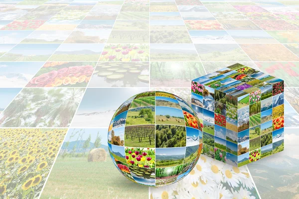 Cubo y círculo hecho de fotos de la naturaleza — Foto de Stock