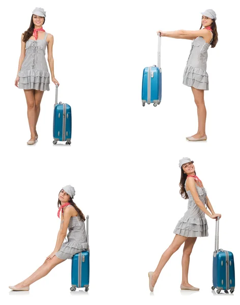 Travelling woman with suitcase isolated on white — Stock Photo, Image