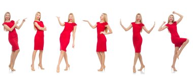 Kırmızı elbiseli kadın beyaz giyindi.