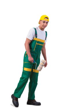 Genç tamirci ressam rulo üzerinde beyaz izole