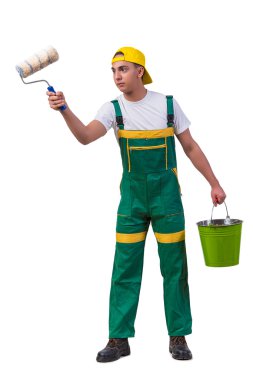 Genç tamirci ressam rulo üzerinde beyaz izole