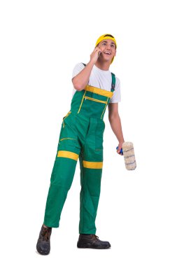 Genç ressam üstünde hareket eden telefon üzerinde beyaz izole konuşmak