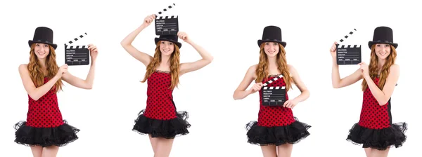 Menina bonita em vermelho polka dot vestido com placa de filme isolado em — Fotografia de Stock