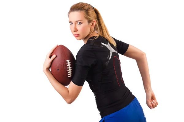 Frau mit American Football isoliert auf weiß — Stockfoto