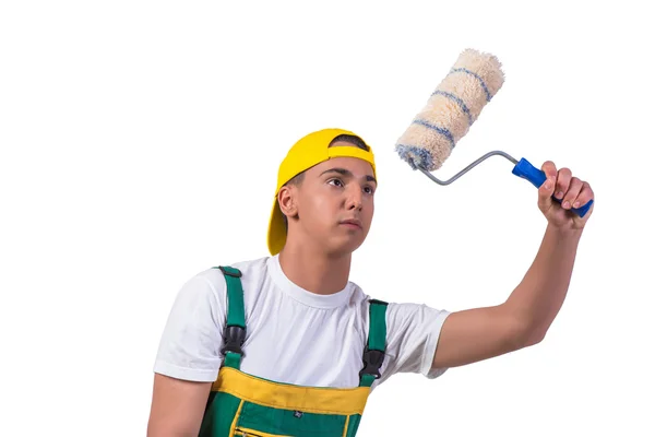 Young repairman painter with roller isolated on white — Stock Photo, Image