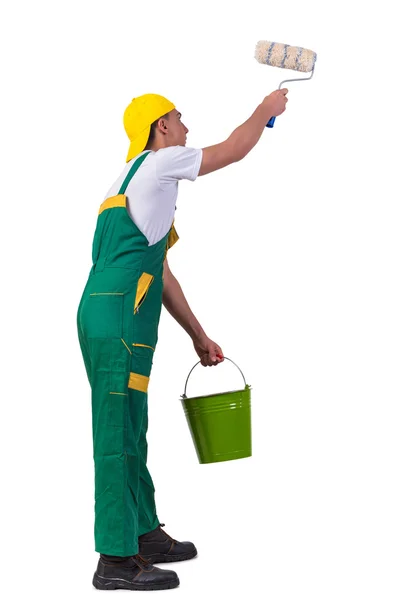 Young repairman painter with roller isolated on white — Stock Photo, Image