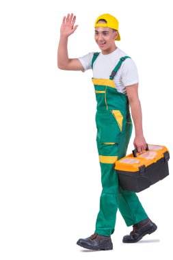 Beyaz izole toolkit toolbox ile genç adam