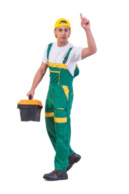 Beyaz izole toolkit toolbox ile genç adam