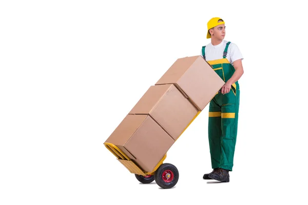 Mladý muž stěhovací krabice s vozíkem izolovaných na bílém — Stock fotografie