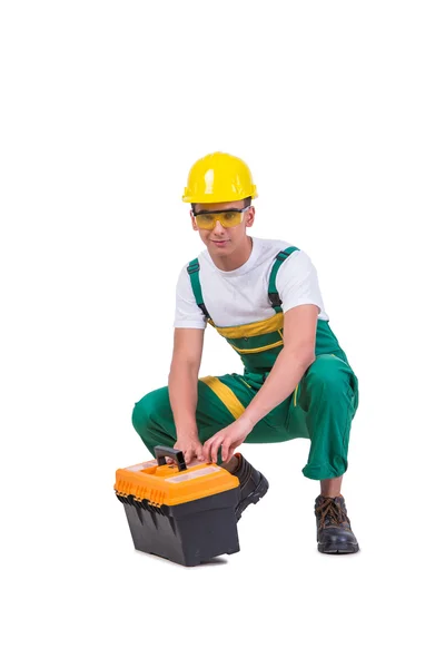 Junger Mann mit Werkzeugkasten isoliert auf weiß — Stockfoto
