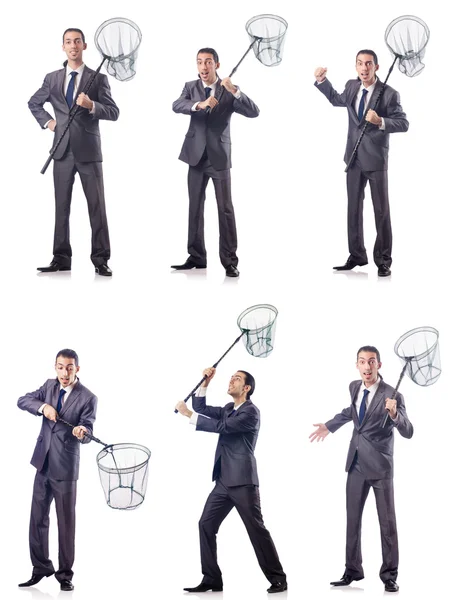 Colagem de homem de negócios com rede de captura em branco — Fotografia de Stock