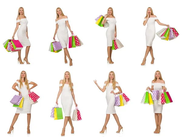 Жінка з сумками ізольовані на білому — стокове фото
