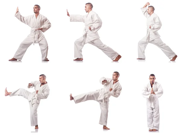 Collage van karate speler in kimono geïsoleerd op wit — Stockfoto