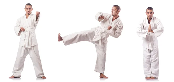 Koláž karate hráče v kimonu izolované na bílém — Stock fotografie