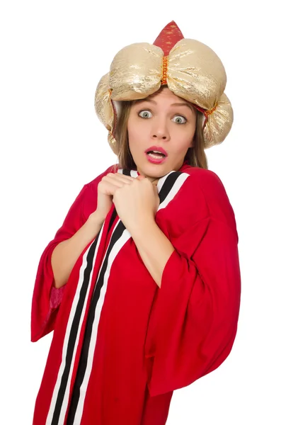 Mujer mago en ropa roja aislado en blanco —  Fotos de Stock