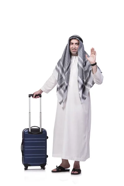 Homme arabe avec valise en concept de voyage isolé sur blanc — Photo