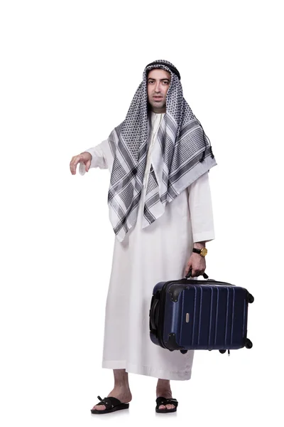 Arabische man met koffer reizen begrip geïsoleerd op wit — Stockfoto