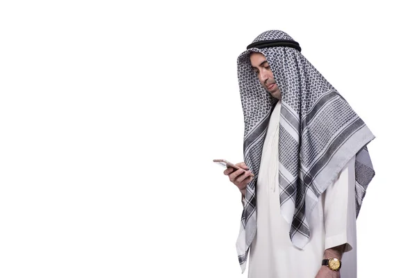 Hombre árabe con su teléfono móvil aislado en blanco — Foto de Stock