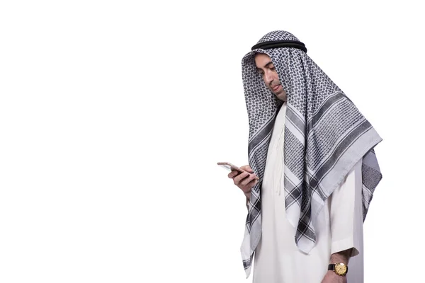 Arabo uomo con il suo cellulare isolato su bianco — Foto Stock