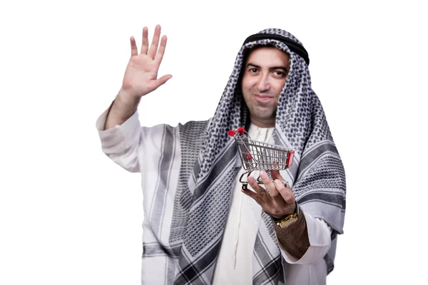 Araber mit Einkaufswagen isoliert auf weiß — Stockfoto