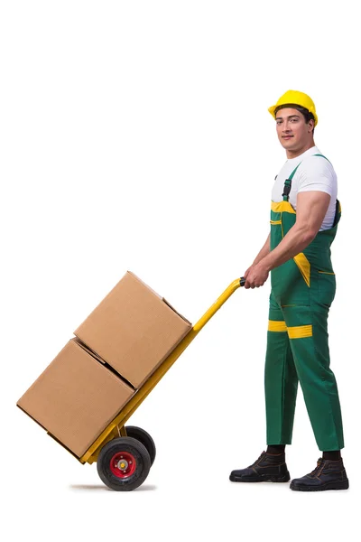 흰색 배경에 고립 된 상자를 이동 하는 남자 — 스톡 사진