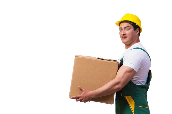 Hombre moviendo cajas aisladas sobre el fondo blanco — Foto de Stock