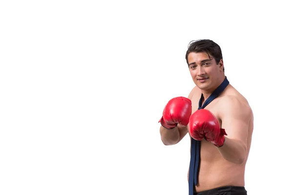 Homem de negócios rasgado com luvas de boxe isolado em branco — Fotografia de Stock