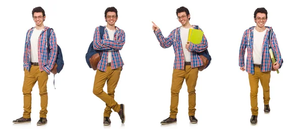 Collage av student med ryggsäck på vitt — Stockfoto