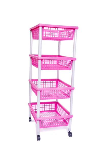 Prateleira de rack bin rosa com rodas isoladas em branco — Fotografia de Stock