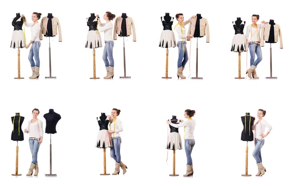 Vrouw kleermaker werkt aan jurk — Stockfoto