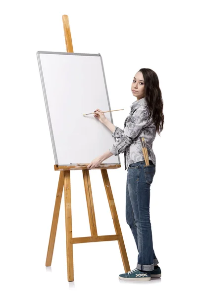 白い背景に分離された絵を描く女性アーティスト — ストック写真
