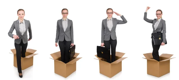 Composite image of woman with boxes on white — Stock Photo, Image