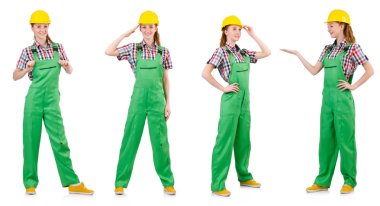 Yeşil tulumlu kadın beyaz giyindi.