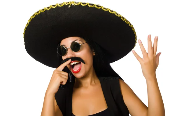 Junge mexikanische Frau trägt Sombrero isoliert auf weiß — Stockfoto