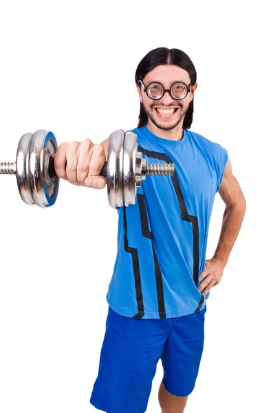 Funny guy with dumbbels on white — Stock Photo, Image