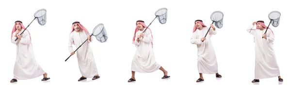Hombre árabe con red de captura aislado en blanco —  Fotos de Stock