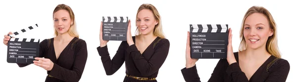 Brun klänning flicka håller clapperboard isolerad på vit — Stockfoto