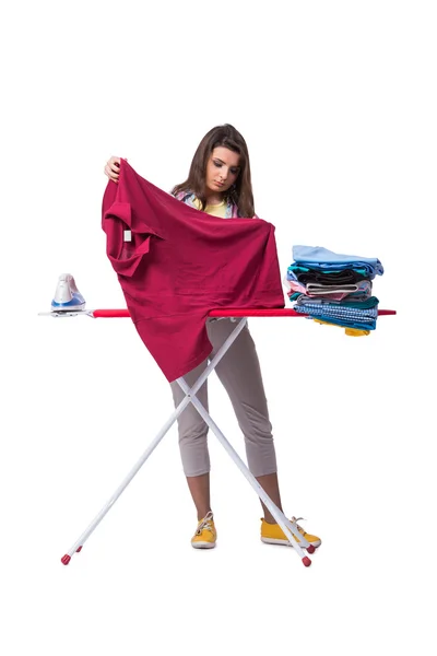 Mujer planchando ropa aislada en blanco — Foto de Stock