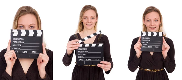 Ragazza vestito marrone tenendo clapperboard isolato su bianco — Foto Stock