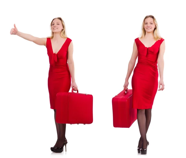 Travelling woman with suitcase isolated on white — Stock Photo, Image