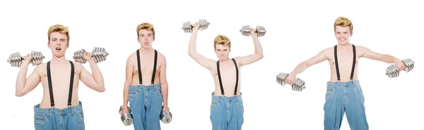 Collage of funny man with dumbbells on white — Stock Photo, Image