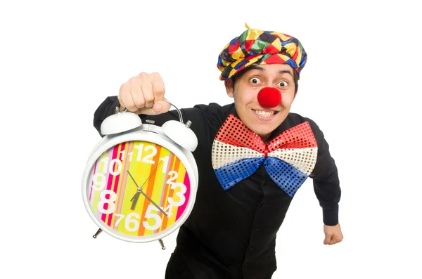 与时钟上白色孤立的滑稽小丑 — 图库照片