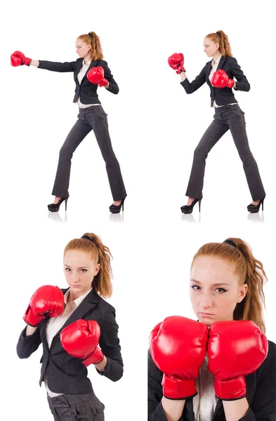 Vrouw zakenvrouw met bokshandschoenen op wit — Stockfoto