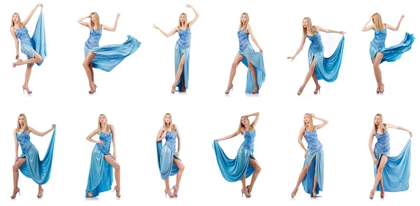 Attraktiv kvinna i blå klänning på vit — Stockfoto