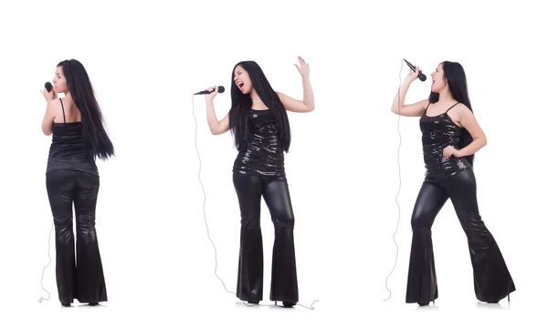 Donna che canta in karaoke club in varie pose su bianco — Foto Stock